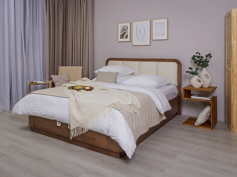 Кровать с мягким изголовьем Hemwood с подъемным механизмом - Кровать из натурального массива сосны с мягким изголовьем и бельевым ящиком