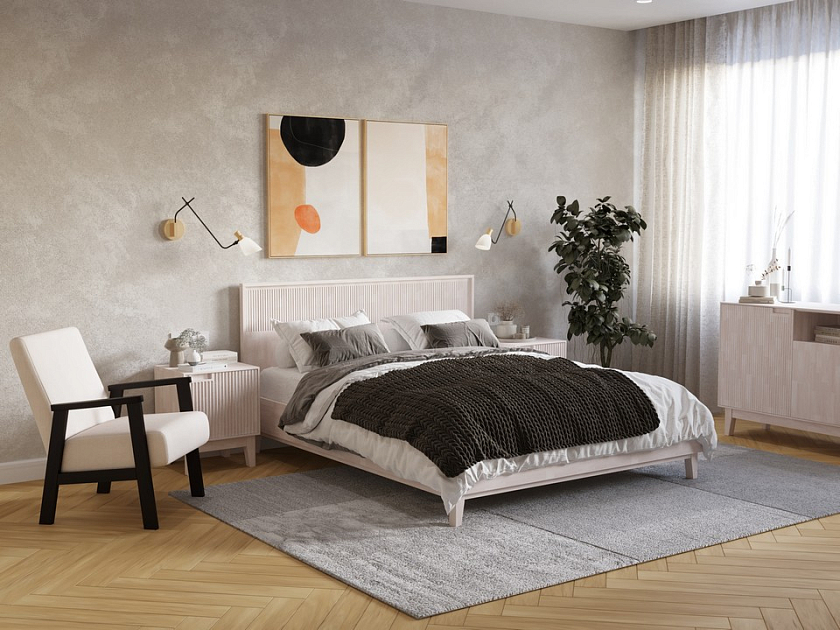 Кровать Tempo 160x200 Массив (бук) Масло-воск Беленый - Кровать из массива с вертикальной фрезеровкой и декоративным обрамлением изголовья