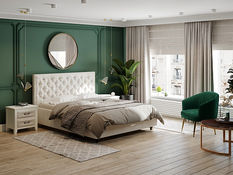 Белая кровать Teona Grand - Кровать с увеличенным изголовьем, украшенным благородной каретной пиковкой.